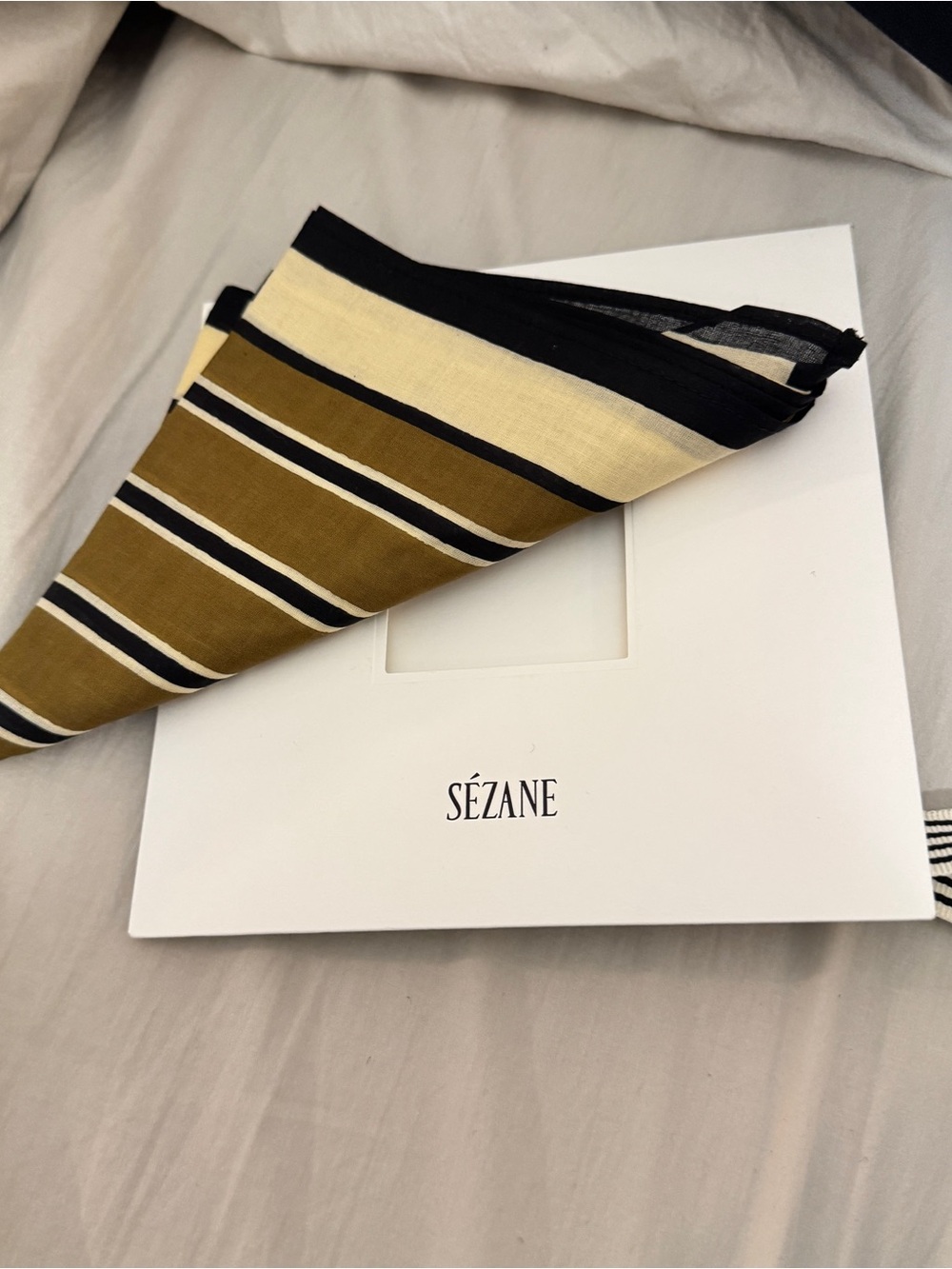 Sezane Striped Silk Scarf in Mustard, Black & Cream
